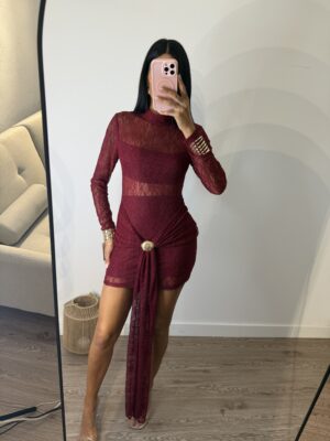 Vestido Encaje Burdeos Detall Dorado