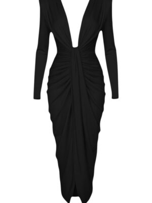 Vestido Escote Pronunciado Fruncido Negro