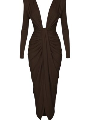 Vestido Escote Pronunciado Fruncido Chocolate