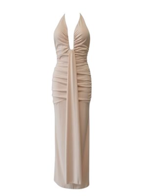 Vestido Espalda V Fruncido Beige