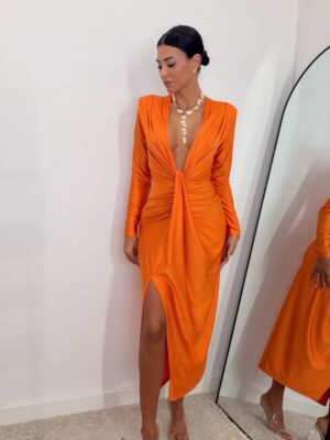 Vestido Escote Pronunciado Fruncido Naranja