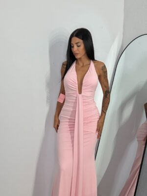 Vestido Espalda V Fruncido Rosa