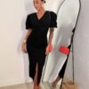Vestido Midi Mangas Abullonadas Negro