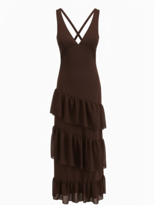 Vestido Largo Volantes Chocolate