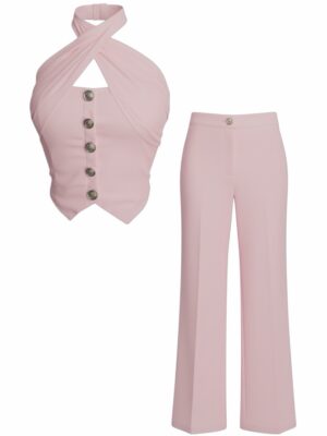 Conjunto Halter Botón Rosa Pastel