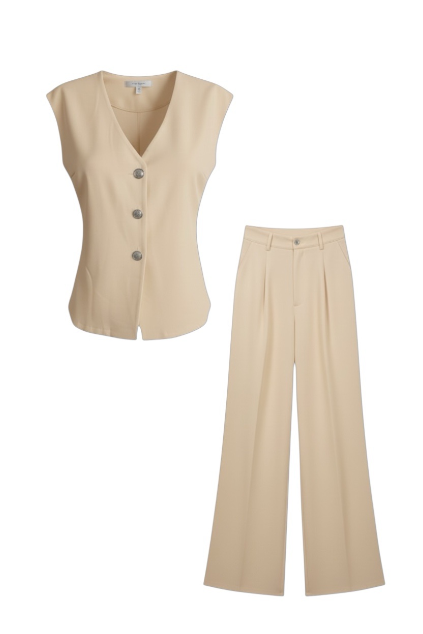 Conjunto Chaleco Botón Beige