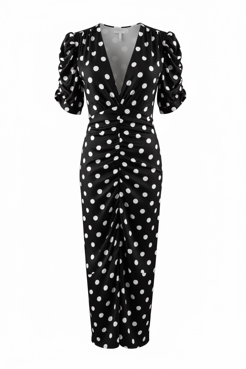 Vestido Lunares Frunce Negro y Blanco