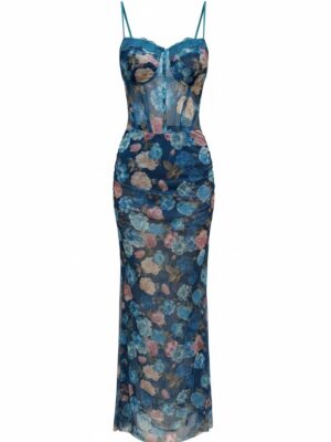 Vestido Gasa Floral Azul Petróleo