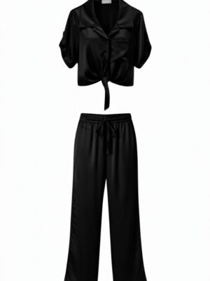 Alternative view of Conjunto Satinado Camisa Crop Negro