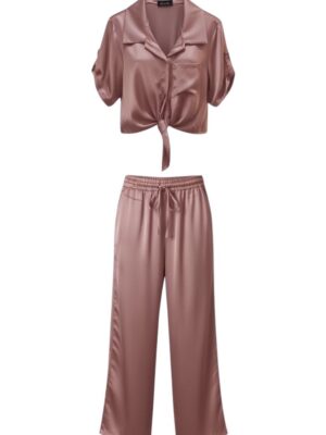 Alternative view of Conjunto Satinado Camisa Crop Rosa Palo