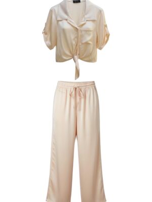 Alternative view of Conjunto Satinado Camisa Crop Crema Roto