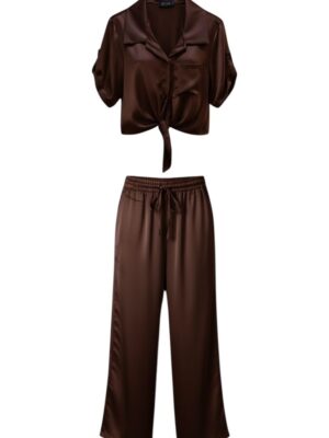 Alternative view of Conjunto Satinado Camisa Crop Chocolate