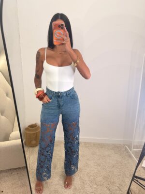 Jeans Encaje Floral Azul