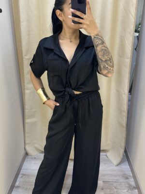 Conjunto Satinado Camisa Crop Negro