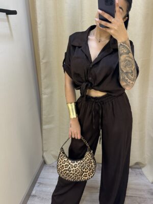 Conjunto Satinado Camisa Crop Chocolate