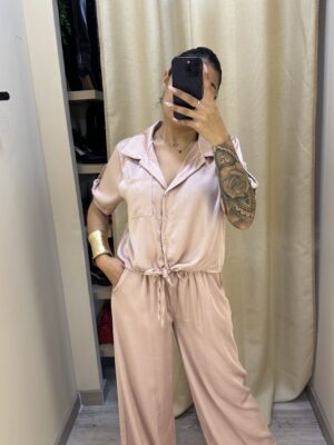 Conjunto Satinado Camisa Crop Rosa Palo