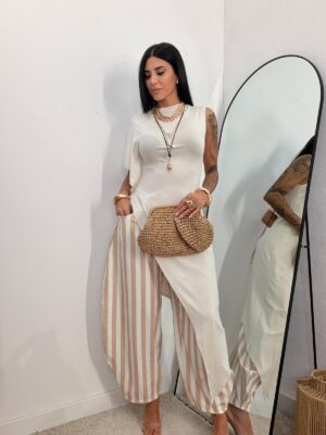Pantalón Ballons Rayas Beige y Blanco