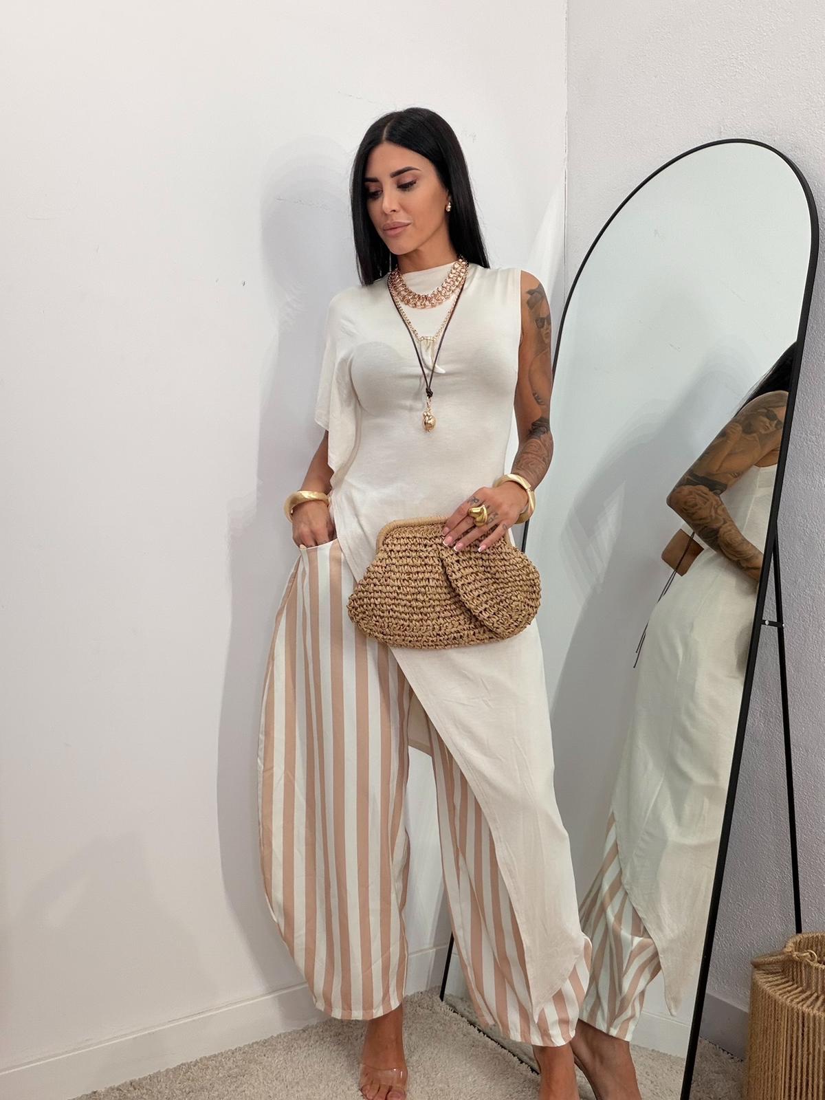 Pantalón Ballons Rayas Beige y Blanco