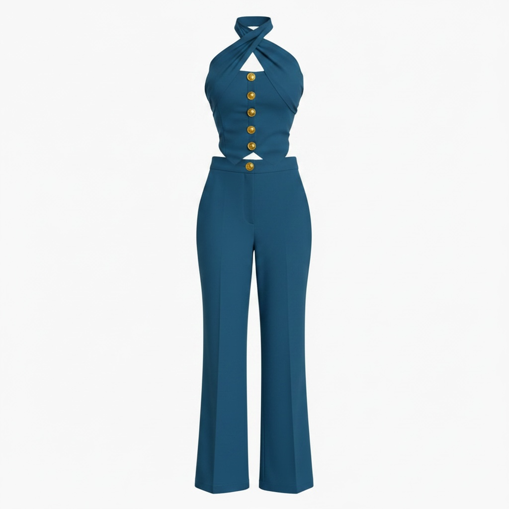 Conjunto Halter Botón Azul Petróleo