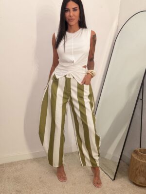 Pantalón Ballons Rayas Anchas Verde Oliva y Blanco