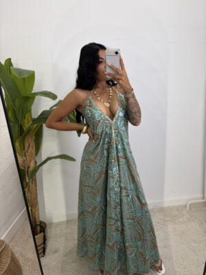Vestido Indio Lentejuelas Verde Agua y Dorado
