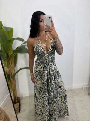 Vestido Indio Lentejuelas Beige y Azul