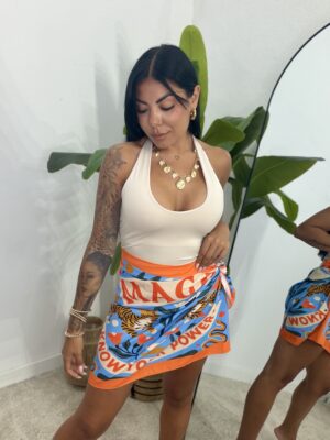Falda Corta Lazada Estampado Naranja/Azul y Tigres