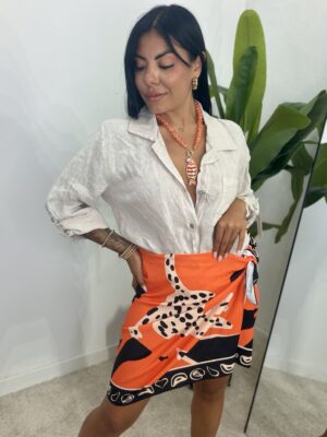 Falda Corta Lazada Estampado Naranja y Negro