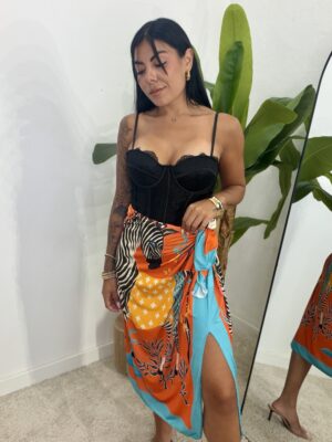 Falda Larga Licra Estampado Naranja y Zebra