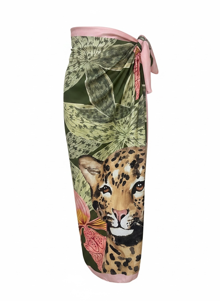 Falda Larga Licra Estampado Rosa y Leopardo