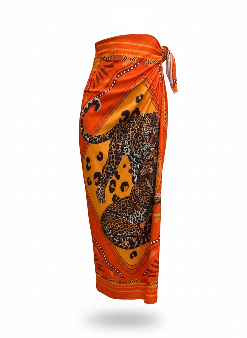 Falda Larga Licra Estampado Naranja y Leopardo